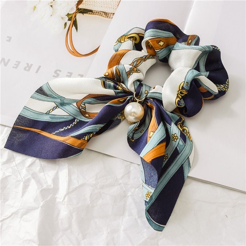 Blue Equestrian Print Scrunchie with Pearl