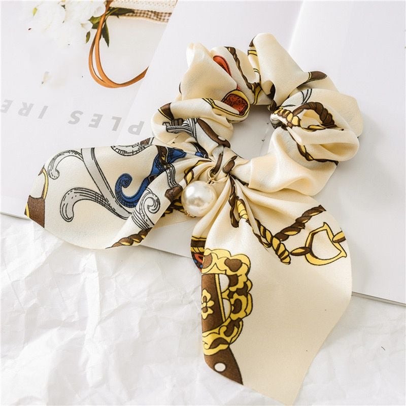 Cream Equestrian Print Scrunchie with Pearl