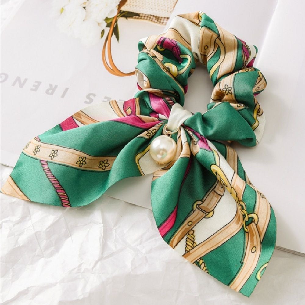 Green Equestrian Print Scrunchie with Pearl