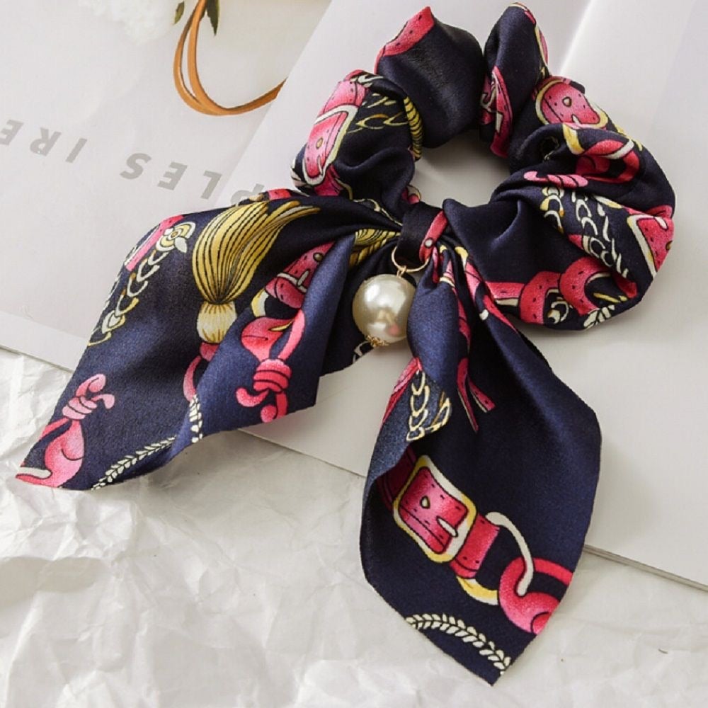Navy Scrunchie with Pink Equestrian Print with Pearl