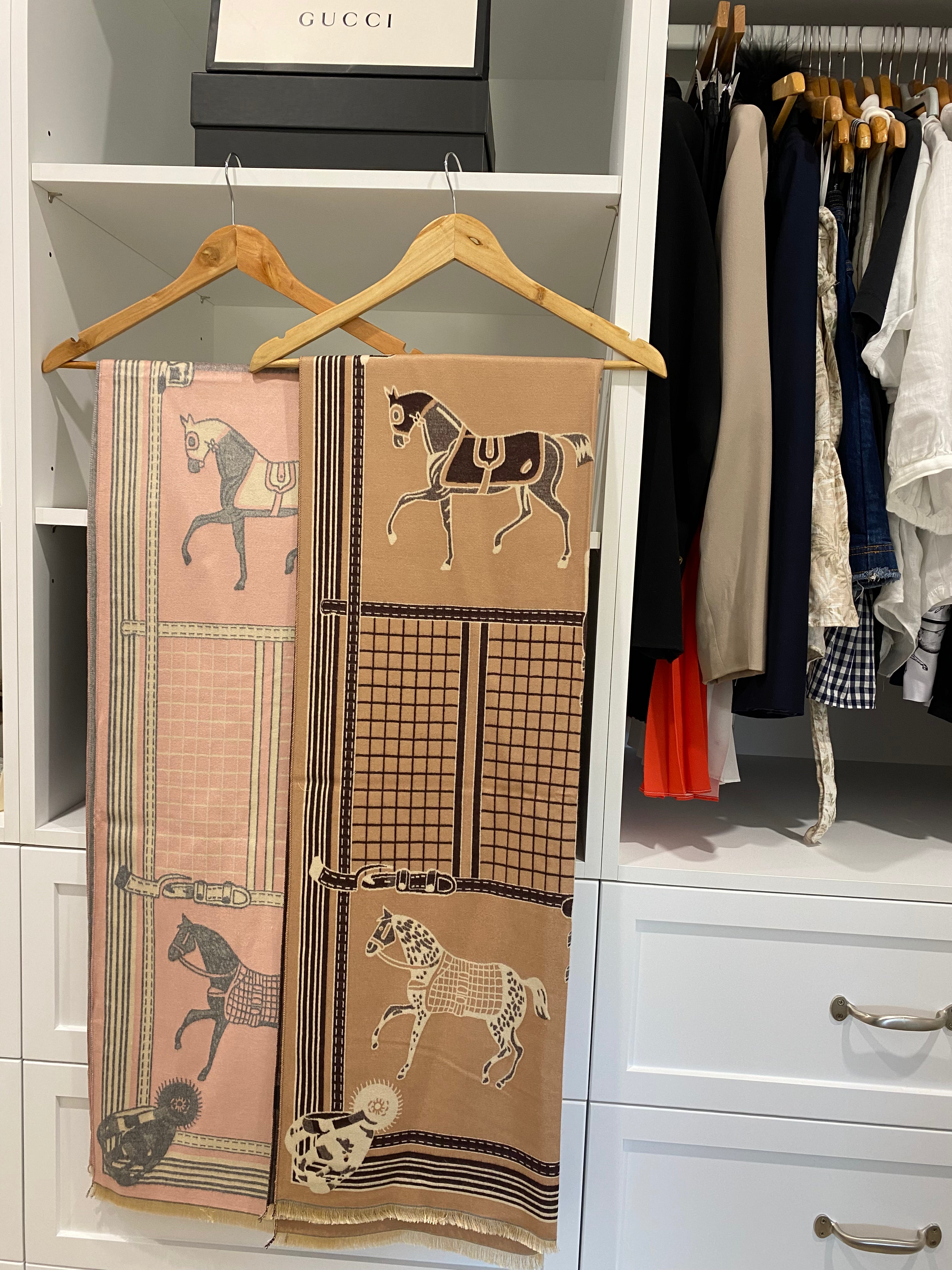 Pink and Beige Scarf both shown hanging up side by side.