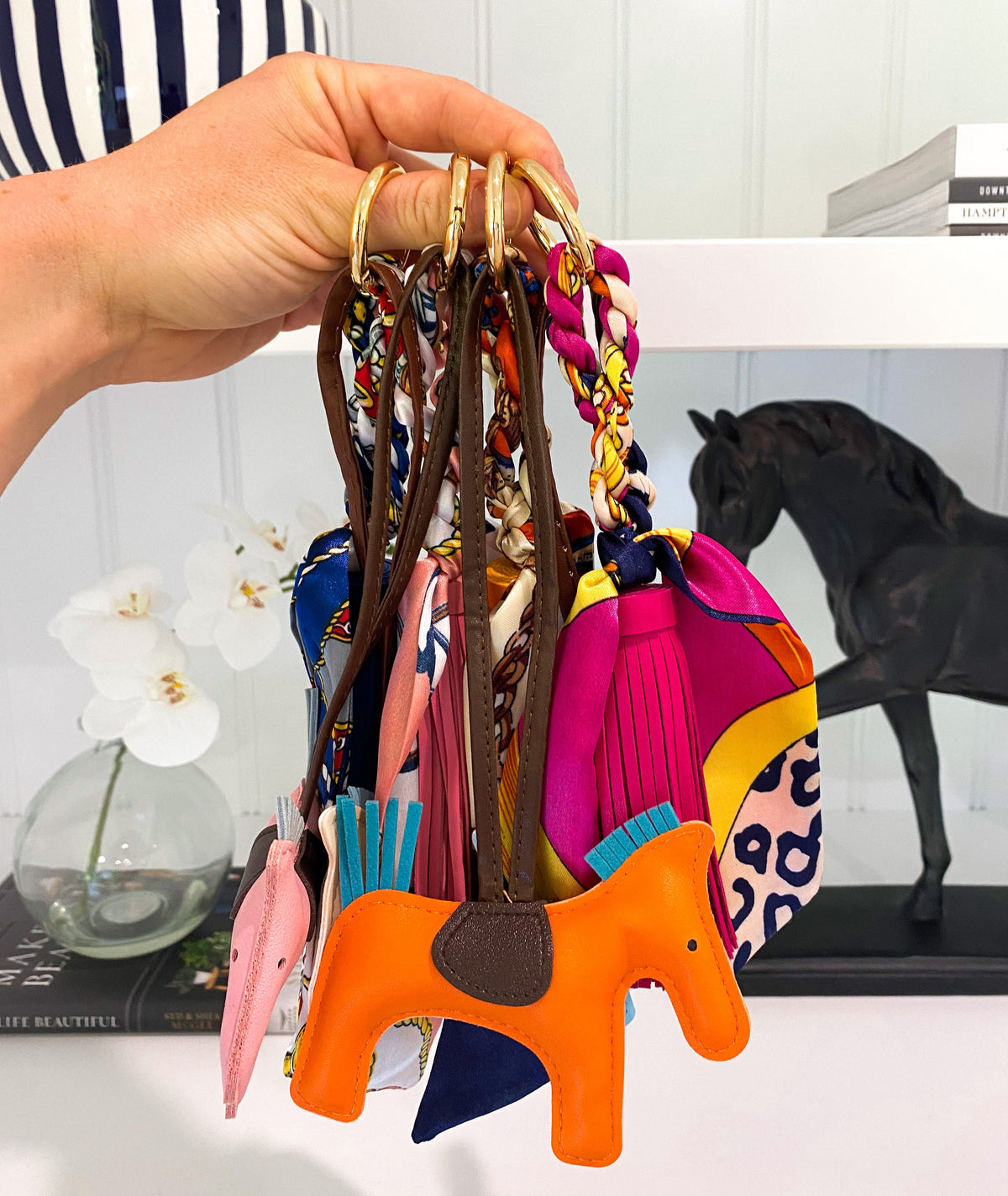 Hermes Style Twilly Bow with Tassel Keychain/Bag Charm